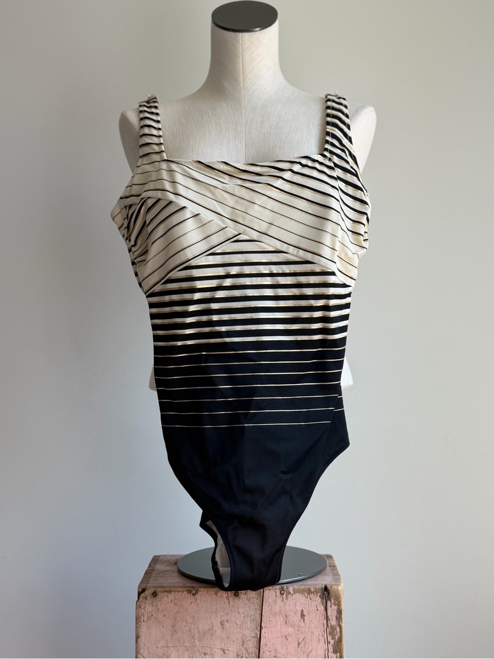 Johnny Was Black and Cream Striped One-Piece Swimsuit
